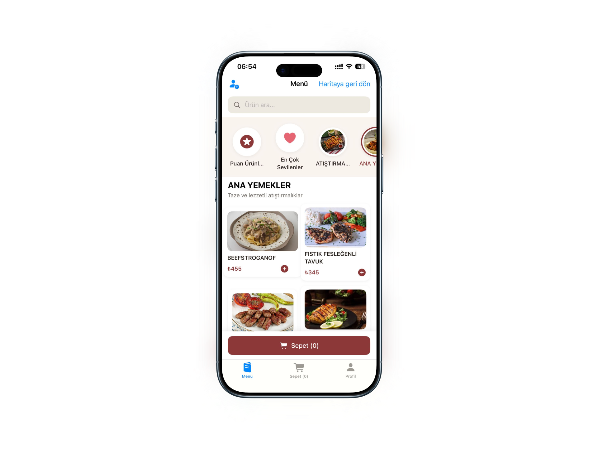 Self Order ekran görüntüsü — QR menü — misafirin telefonunda sipariş