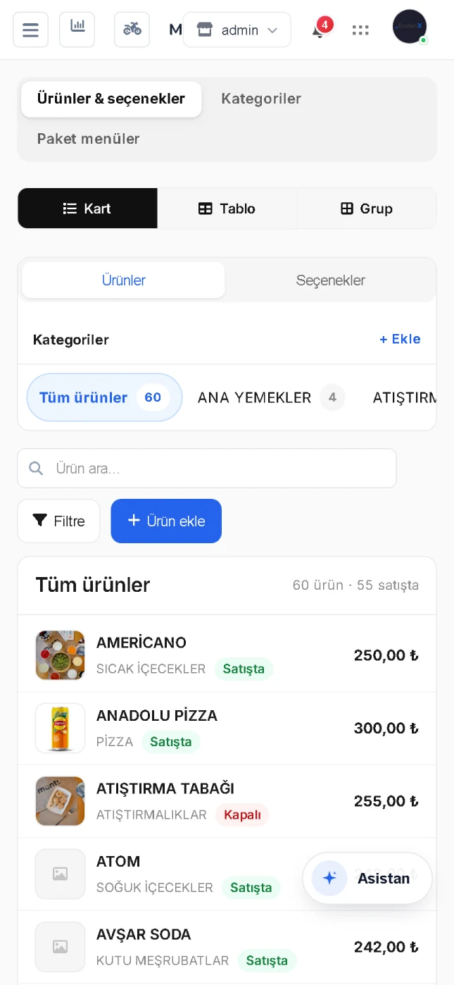 Estorix menü yönetimi telefon görünümü: ürün listesi, fiyat ve satış durumu