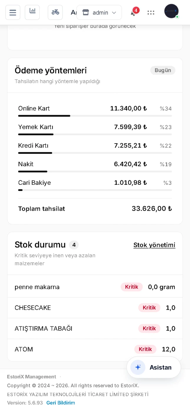 Estorix panelinde ödeme yöntemi dağılımı ve kritik stok listesi