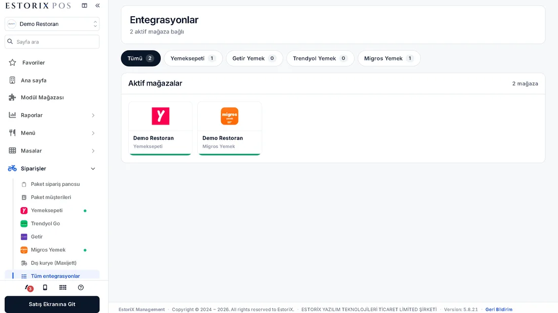 Estorix Entegrasyonlar — bağlı Yemeksepeti ve Migros Yemek mağazaları